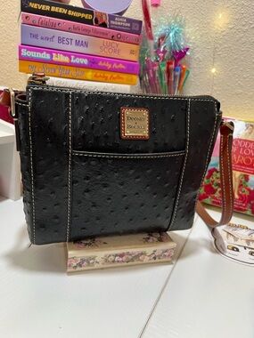 Dooney & Bourke Black Ostrich-Embossed Crossbody with Brown Strap